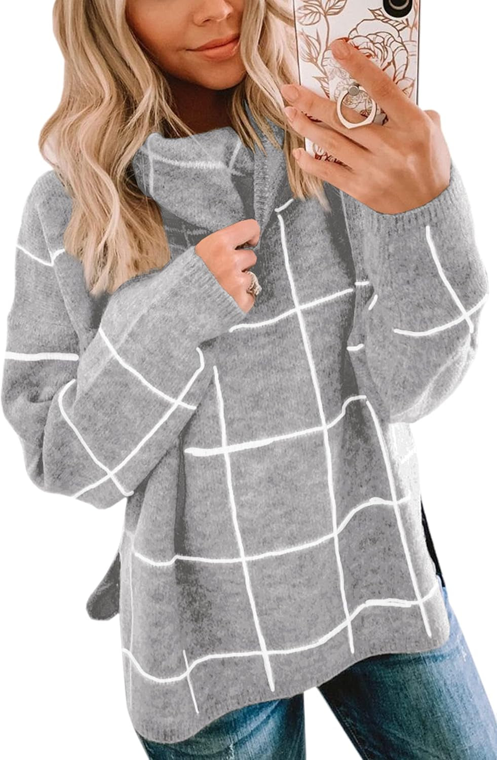 Women Fall Pullover Sweater Turtleneck Plaid Long Sleeve Loose Casual Chunky Checked Knit Winter Sweaters Jumper Tops