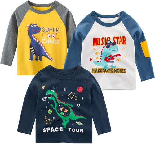 Toddler Boys Long Sleeve Shirts 100% Cotton T-Rex Dinosaur T-Shirts Multipacks