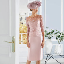 Load image into Gallery viewer, Elegant Wedding Guest Party Gown For Women 3/4 Sleeves Mother Of The Bride Dresses Lace Knee Length Formal Scoop Neck Flower
