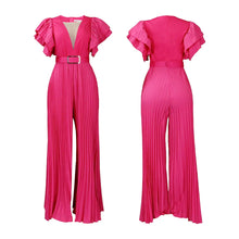 Load image into Gallery viewer, S-3XL Women's Bodysuit With Belt Sexy Deep V-pleated Wide Leg Oversized Vacation Casual Jumpsuit With Mesh Front Chest Dress
