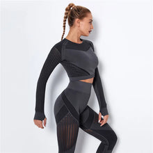 Load image into Gallery viewer, Women Workout Fitness Outfits Hollow Mesh Sports Sets Running Set High Waist Gym Sets Energy Seamless Yoga Suits New 2 Pcs Sets
