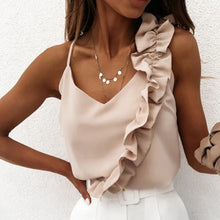 Load image into Gallery viewer, 2025 Women Summer Blouse Shirts Sexy V Neck Ruffle Blouses Backless Spaghetti Strap Office Ladies Sleeveless Casual Tops
