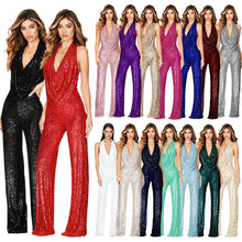 Load image into Gallery viewer, European American Women's Fashion Temperament Elegant Backless Sequin Women Sleeveless Halter Jumpsuit Red
