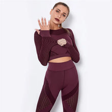 Load image into Gallery viewer, Women Workout Fitness Outfits Hollow Mesh Sports Sets Running Set High Waist Gym Sets Energy Seamless Yoga Suits New 2 Pcs Sets
