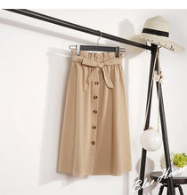 Load image into Gallery viewer, Summer Autumn Skirts Womens Midi Knee Length Korean Elegant Button High Waist Skirt Female Pleated School Skirt
