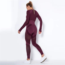Load image into Gallery viewer, Women Workout Fitness Outfits Hollow Mesh Sports Sets Running Set High Waist Gym Sets Energy Seamless Yoga Suits New 2 Pcs Sets
