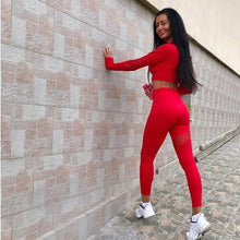 Load image into Gallery viewer, Yoga Set Women Fitness Gym Clothing Sport Suit Seamless Hollow Out Long Sleeve Crop Top High Waist Workout Leggings Sportwear
