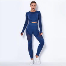 Load image into Gallery viewer, Women Workout Fitness Outfits Hollow Mesh Sports Sets Running Set High Waist Gym Sets Energy Seamless Yoga Suits New 2 Pcs Sets
