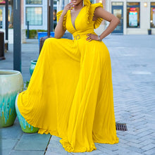 Load image into Gallery viewer, S-3XL Women's Bodysuit With Belt Sexy Deep V-pleated Wide Leg Oversized Vacation Casual Jumpsuit With Mesh Front Chest Dress
