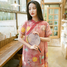 Load image into Gallery viewer, Cotton and linen women&#39;s short-sleeved dress 2021 summer new Chinese wind dish to improve cheongsam ethnic wind long skirt wholesale
