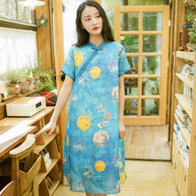 Load image into Gallery viewer, Cotton and linen women&#39;s short-sleeved dress 2021 summer new Chinese wind dish to improve cheongsam ethnic wind long skirt wholesale
