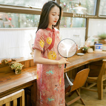 Load image into Gallery viewer, Cotton and linen women&#39;s short-sleeved dress 2021 summer new Chinese wind dish to improve cheongsam ethnic wind long skirt wholesale
