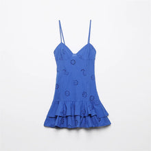 Load image into Gallery viewer, Women Fashion With Ruffled Cutwork Embroidery Mini Dress Vintage Backless Elastic Thin Straps Female Dresses Vestidos
