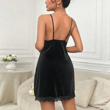 Load image into Gallery viewer, Women's Velvet Nightdress Sexy Deep V Nightgown Female Lace Patchwork Suspender Skirt Backless Adjustable shoulder strap Dress
