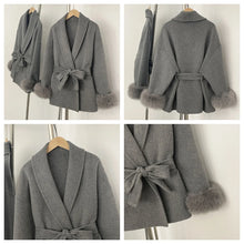 Load image into Gallery viewer, Women's Wool Coat with Fur Cuffs Minimalist Soft Wool High Fashion Belted Winter Fur Trim Coat Old Money Style Natural Fur Coat
