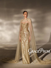 Load image into Gallery viewer, Golden Beaded Evening Dress With Cape Sleeve Glamorous Strapless Long Wedding Party Gown Customized Elegant Red Carpet Gowns
