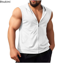 Load image into Gallery viewer, Summer New Men's Workout Hooded Tank Tops Zip-up Sleeveless Gym Bodybuilding Tees Muscle Tops Male Streetwear Casual Sweatshirts
