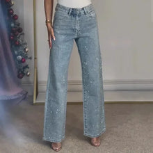 Load image into Gallery viewer, 2025 Women Jeans Straight Diamonds Pants Stretch High Waist Washed Mom Jeans Y2k Streetwear Trousers Vintage Denims Streetwear
