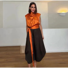 Load image into Gallery viewer, Women's Top 2026 Spring New Style Orange Sleeveless Satin Texture Long Ribbon Top Elegant and Stylish Unique Fashion Focus
