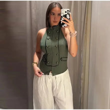 Load image into Gallery viewer, Women's Top 2026 Summer Elegant Fashion Silky Vacation Halter Neck Backless Sexy Unique Army Green Beach Style Party Women's Top
