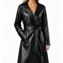 Load image into Gallery viewer, Fashion Turn Down Collar Pu Coat Work Street Wear Tight Waist Jacket Outerwear Women Mid Length Coats Faux Leather Jackets
