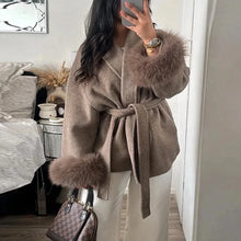 Load image into Gallery viewer, Elegant Women's Lace Up Woolen Coats Solid Full Sleeve Turn-down Collar Loose Lady Coats 2025 Autumn Winter Female Streetwear
