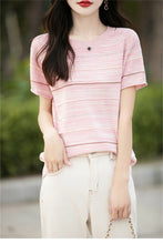 Load image into Gallery viewer, Women's T-shirts Summer New 100% Cotton Short Sleeve Casual Striped Knit Blouse Round Neck Tops Loose Pullover Tees
