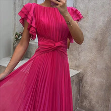 Load image into Gallery viewer, Wedding Guest Dress Elegant Party Long A Line Cap Sleeve Dresses Evening Pleated Off Shoulder Maxi Dress Fuchsia Pink Solid
