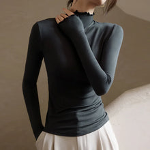 Load image into Gallery viewer, Ruffled Turtleneck Stretch Tee Women
