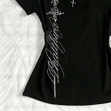 Load image into Gallery viewer, T Shirts Women V Neck Slim Vintage Printing Elegant Grunge Gothic Y2k Aesthetic Harajuku Tops Ladies Casual Tee Shirt

