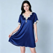 Load image into Gallery viewer, Elegant Women Satin Night Dress Lace V‑Neck Bow Knot Short Sleeve Sexy Sleepwear Ladies Home Loungewear Nightgown Sexy Lingiere

