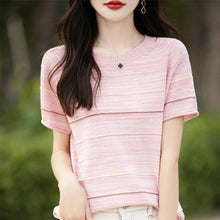 Load image into Gallery viewer, Women's T-shirts Summer New 100% Cotton Short Sleeve Casual Striped Knit Blouse Round Neck Tops Loose Pullover Tees
