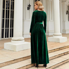 Load image into Gallery viewer, Women's Elegant A-Line Velvet Dress for Wedding Guest Prom Party Wedding Party, Long Sleeve Round Neck Belted Full Skirt
