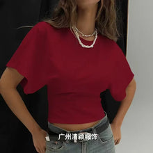 Load image into Gallery viewer, Women's T-shirts Crew Neck Ruched Waist Slim Fit Solid Color Casual Cropped Tee Summer Streetwear Basic Daily Wear Top
