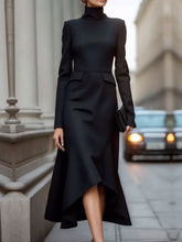 Load image into Gallery viewer, Elegant Black Turtleneck Midi Dress
