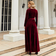 Load image into Gallery viewer, Women's Elegant A-Line Velvet Dress for Wedding Guest Prom Party Wedding Party, Long Sleeve Round Neck Belted Full Skirt
