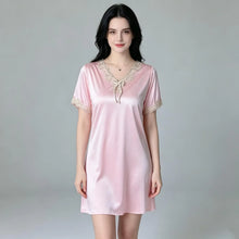 Load image into Gallery viewer, Elegant Women Satin Night Dress Lace V‑Neck Bow Knot Short Sleeve Sexy Sleepwear Ladies Home Loungewear Nightgown Sexy Lingiere
