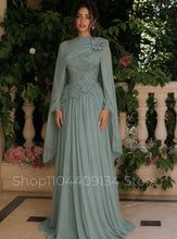 Load image into Gallery viewer, Elegant Floral Formal Evening Gown Muslim Kaftan Beaded Chiffon Long Sleeves Middle Eastern Henna Women’s Prom Dress Customized

