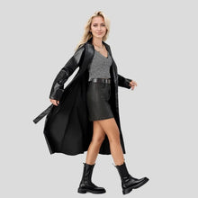 Load image into Gallery viewer, Fashion Turn Down Collar Pu Coat Work Street Wear Tight Waist Jacket Outerwear Women Mid Length Coats Faux Leather Jackets
