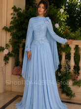 Load image into Gallery viewer, Elegant Floral Formal Evening Gown Muslim Kaftan Beaded Chiffon Long Sleeves Middle Eastern Henna Women’s Prom Dress Customized
