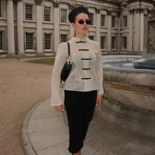 Load image into Gallery viewer, Women Trendy Sexy Striped Shirts Summer Female Chic Rope Buttons Sheer Shirts Lady High Street Elegant Long Sleeve Blouse Tops

