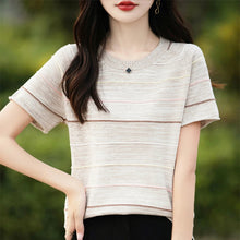 Load image into Gallery viewer, Women's T-shirts Summer New 100% Cotton Short Sleeve Casual Striped Knit Blouse Round Neck Tops Loose Pullover Tees
