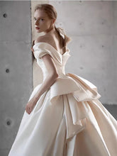 Load image into Gallery viewer, Elegant Satin Off-Shoulder Wedding Dress with Bow Detail
