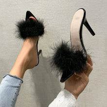 Load image into Gallery viewer, Summer New High Heels Sexy Slippers with Fine Heel Design and Hairy Decoration Cool Slippers with Daily Pointed Points Luxury

