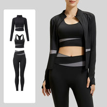 Load image into Gallery viewer, Women's Color Block 3 Piece Yoga Set with Thumb Hole Running Waist Cincher Slim Fit Workout Set Lightweight Pilates Clothes
