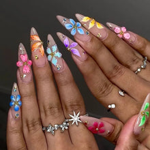 Load image into Gallery viewer, Medium fake nails for women Gradient nude brown blue flowers or rhinestones fall winter almond tips press on false nail art set
