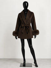 Load image into Gallery viewer, Women's Wool Coat with Fur Cuffs Minimalist Soft Wool High Fashion Belted Winter Fur Trim Coat Old Money Style Natural Fur Coat

