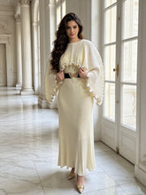 Load image into Gallery viewer, Elegant Pleated Long Dress with Butterfly Belt Women Cape Sleeve Wave Edge Ruffle Evening Party Dress
