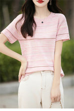 Load image into Gallery viewer, Women's T-shirts Summer New 100% Cotton Short Sleeve Casual Striped Knit Blouse Round Neck Tops Loose Pullover Tees

