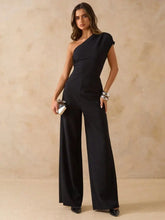 Load image into Gallery viewer, Slim Fit Stylish Jumpsuit Slanted Shoulder Single Sleeve Waist Cinched Wide Leg Fashionable Casual Women's Clothing
